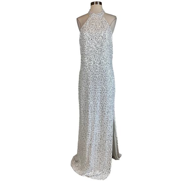 AQUA Women's Formal Dress Size 14 White and Silver Sequined Backless Gown - Picture 1 of 9